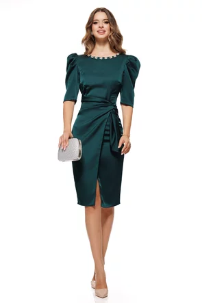 Rochie eleganta Fofy verde cu fusta petrecuta nod stilizat si strasuri la gat