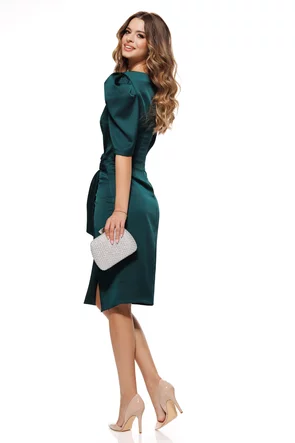 Rochie eleganta Fofy verde cu fusta petrecuta nod stilizat si strasuri la gat