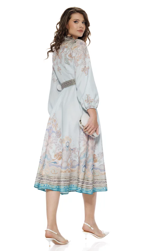Rochie eleganta lunga baby blue cu imprimeu floral cu influente baroc si nasturi bijuterie picture - 2