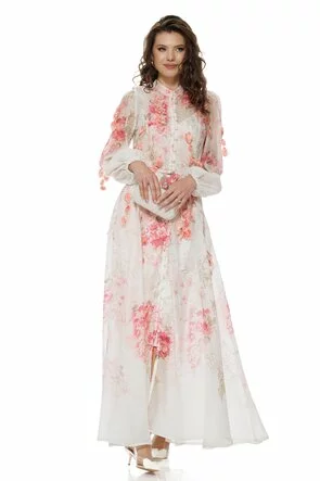 Rochie eleganta lunga din organza cu flori 3D si imprimeu floral piersichiu