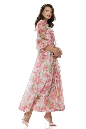 Rochie eleganta lunga din organza cu flori 3D si imprimeu floral roz