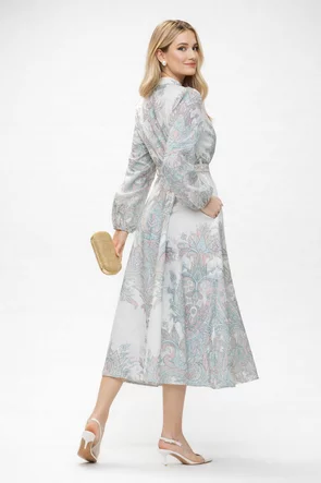 Rochie eleganta midi imprimeu floral bohemian crem cu nasturi bijuterie diferiti si curea