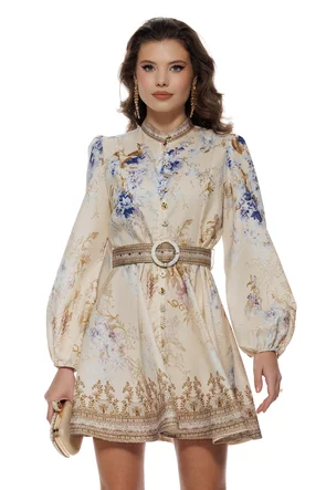 Rochie eleganta mini cu imprimeu floral cu influente baroc si nasturi bijuterie