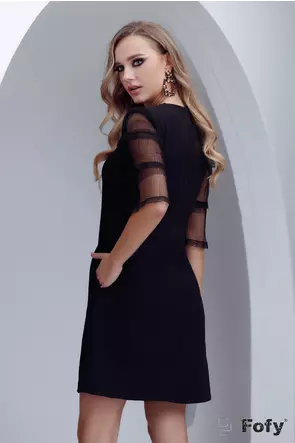 Rochie eleganta neagră  croi in A si maneci din tull cu volane
