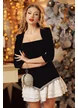Rochie eleganta  neagra cu decolteu patrat volane albe si strassuri argintii