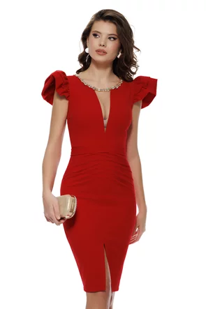 Rochie elegantă rosu cu decolteu adânc elastica cu accesori metalic auriu cu pietre in talie