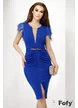 Rochie elegantă albastru royal cu decolteu adânc elastica cu pene la umeri