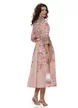 Rochie eleganta roz din bumbac cu imprimeu flori de cires cambrare petrecuta si buzunare