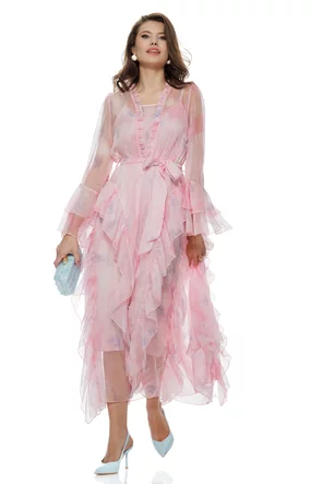 Rochie eleganta roz din organza premium matasoasa cu volane spiralate