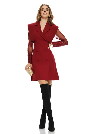 Rochie eleganta stil sacou bordo cu maneci de dantela umeri structurati si centura