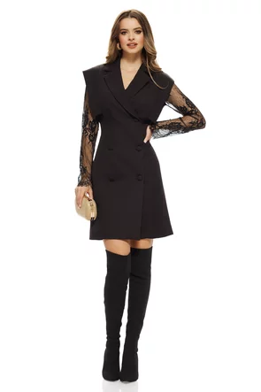 Rochie eleganta stil sacou cu maneci de dantela umeri structurati si centura