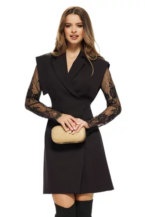 Rochie eleganta stil sacou cu maneci de dantela umeri structurati si centura