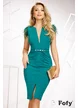 Rochie elegantă verde cu decolteu adânc elastica cu pene la umeri