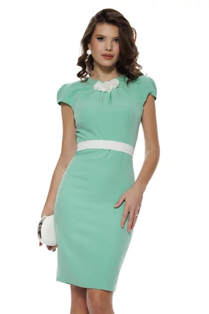 Rochie elegantă verde mentă Fofy cu talie contrastantă și aplicație florală ivory