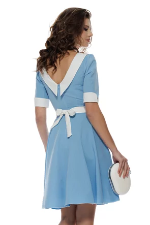 Rochie Fofy baby blue si dungulite fine cu guler retro la contrast si cordon