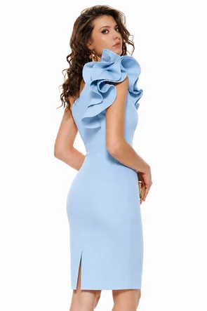 Rochie Fofy bleu de ocazie asimetrica cu volane maxi pe umar