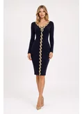 Rochie  Fofy bleumarin cu maneci lungi si aplicatie de broderie aurie picture - 1