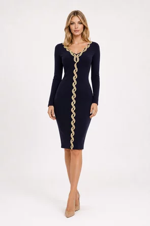 Rochie  Fofy bleumarin cu maneci lungi si aplicatie de broderie aurie