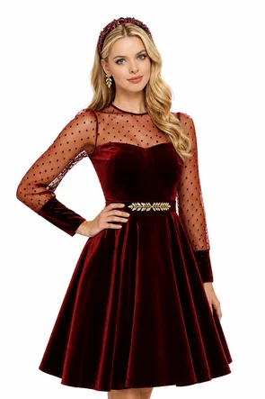 Rochie Fofy clos din catifea bordo cu maneci bufante din tull cu buline