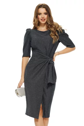 Rochie Fofy de ocazie bleumarin inchis  cu fir lurex argintiu si nod stilizat in talie