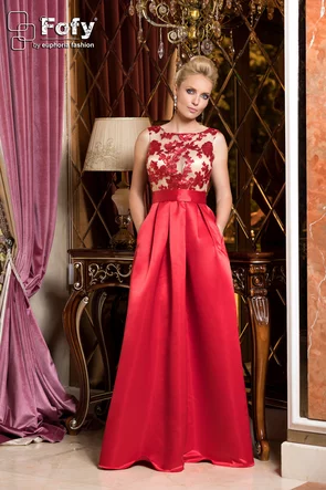 Rochie Fofy de ocazie lunga rosie cu spate gol si bust din tull cu paiete