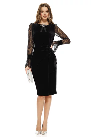 Rochie Fofy de ocazie neagra cu nod stilizat si maneci pretioase din dantela