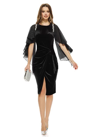 Rochie Fofy de ocazie neagra cu nod stilizat si maneci pretioase din voal cu sciplici