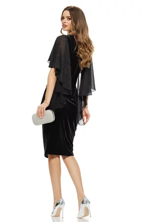 Rochie Fofy de ocazie neagra cu nod stilizat si maneci pretioase din voal cu sciplici