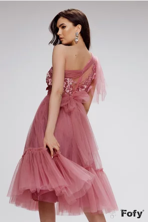 Rochie Fofy de seara premium roz cu bust din floricele 3D si margele lucrat manual