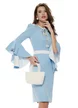 Rochie Fofy eleganta baby blue cu insertii albe si nasturi  tip floare si maneca clopotel