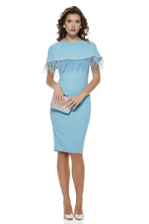 Rochie Fofy elegantă baby blue cu volan  accesorizat  cu stasuri si pene