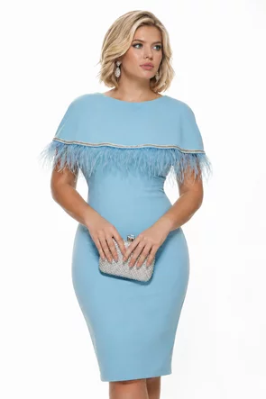 Rochie Fofy elegantă baby blue cu volan  accesorizat  cu stasuri si pene