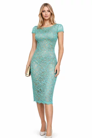 Rochie Fofy elegantă din dantelă verde mentă cu spate decupat și croi mulat feminin