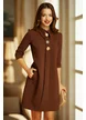 Rochie Fofy eleganta din stofa premium maro cu accesorii sofisticate si guler elaborat