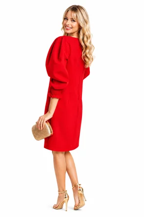 Rochie Fofy eleganta din stofa premium rosie cu accesorii sofisticate si maneci elaborate