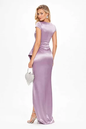 Rochie Fofy elegantă lunga din tafta roz inchis cu nod stilizat
