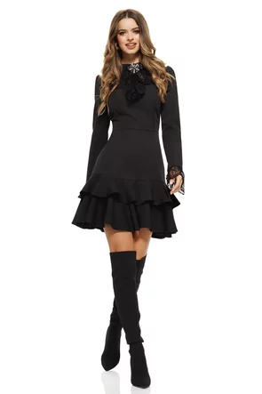 Rochie Fofy eleganta neagra cu volane jabou de dantela  si brosa detasabila