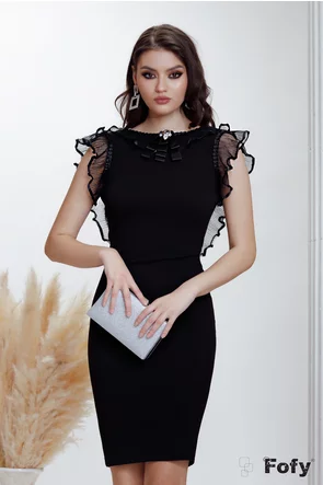 Rochie Fofy eleganta neagra mulata spate gol si volan din tull plisat si brosa detasabila