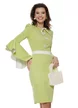 Rochie Fofy eleganta verde lime cu insertii albe si nasturi  tip floare si maneca clopotel