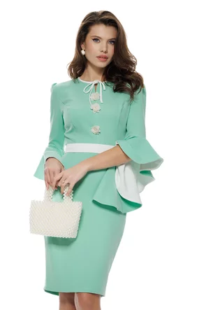 Rochie Fofy eleganta verde menta cu insertii albe si nasturi  tip floare si maneca clopotel