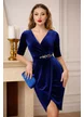 Rochie Fofy lalea, croita din catifea albastra cu accesoriu talie din strasuri colorate