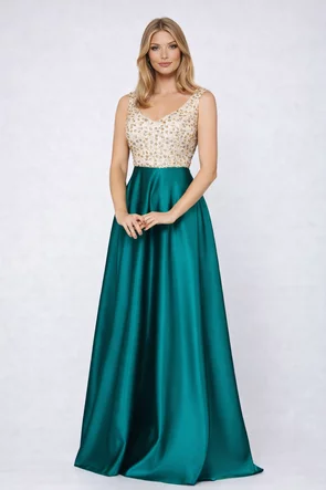 Rochie Fofy lungă elegantă din tafta verde bust din tull cu gliter si  decolteu in V