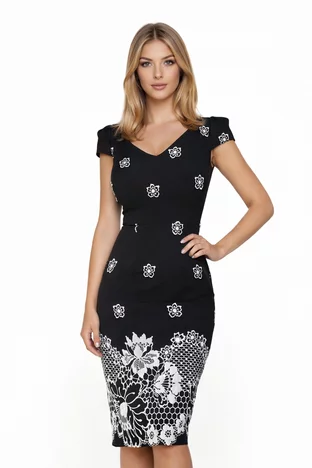Rochie Fofy neagră mulată cu print 3D floral alb