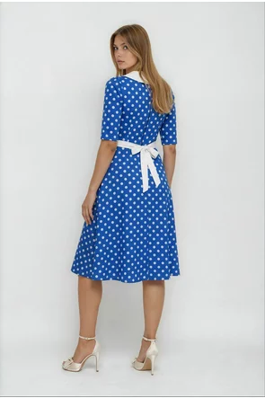 Rochie Fofy retro midi albastra cu buline albe și guler alb supradimensionat