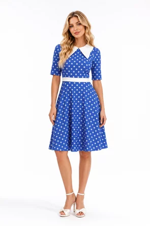 Rochie Fofy retro midi albastra cu buline albe și guler alb supradimensionat