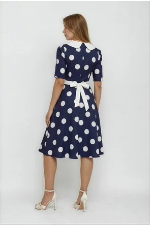 Rochie Fofy retro midi bleumarin cu buline mari albe și guler alb supradimensionat