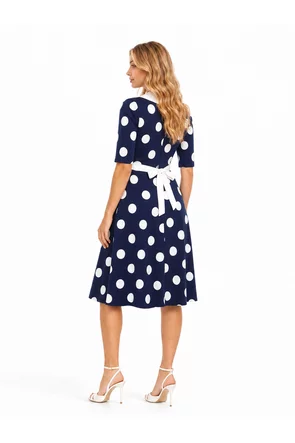 Rochie Fofy retro midi bleumarin cu buline mari albe și guler alb supradimensionat