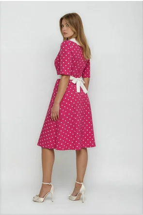 Rochie Fofy retro midi ciclame cu buline albe și guler alb supradimensionat