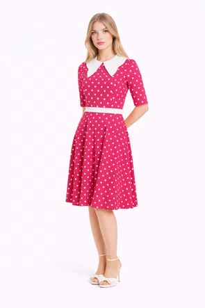 Rochie Fofy retro midi ciclame cu buline albe și guler alb supradimensionat
