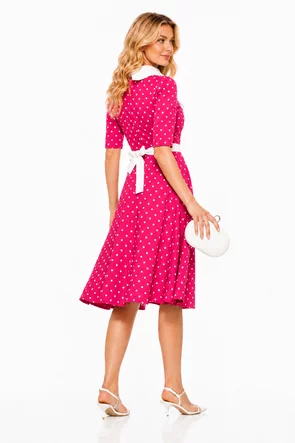Rochie Fofy retro midi ciclame cu buline albe și guler alb supradimensionat